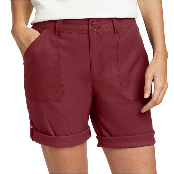 NWT Eddie Bauer Women’s Rolled Hem Lightweight Bermuda Short Size 8 Red/Burgundy - Picture 1 of 8